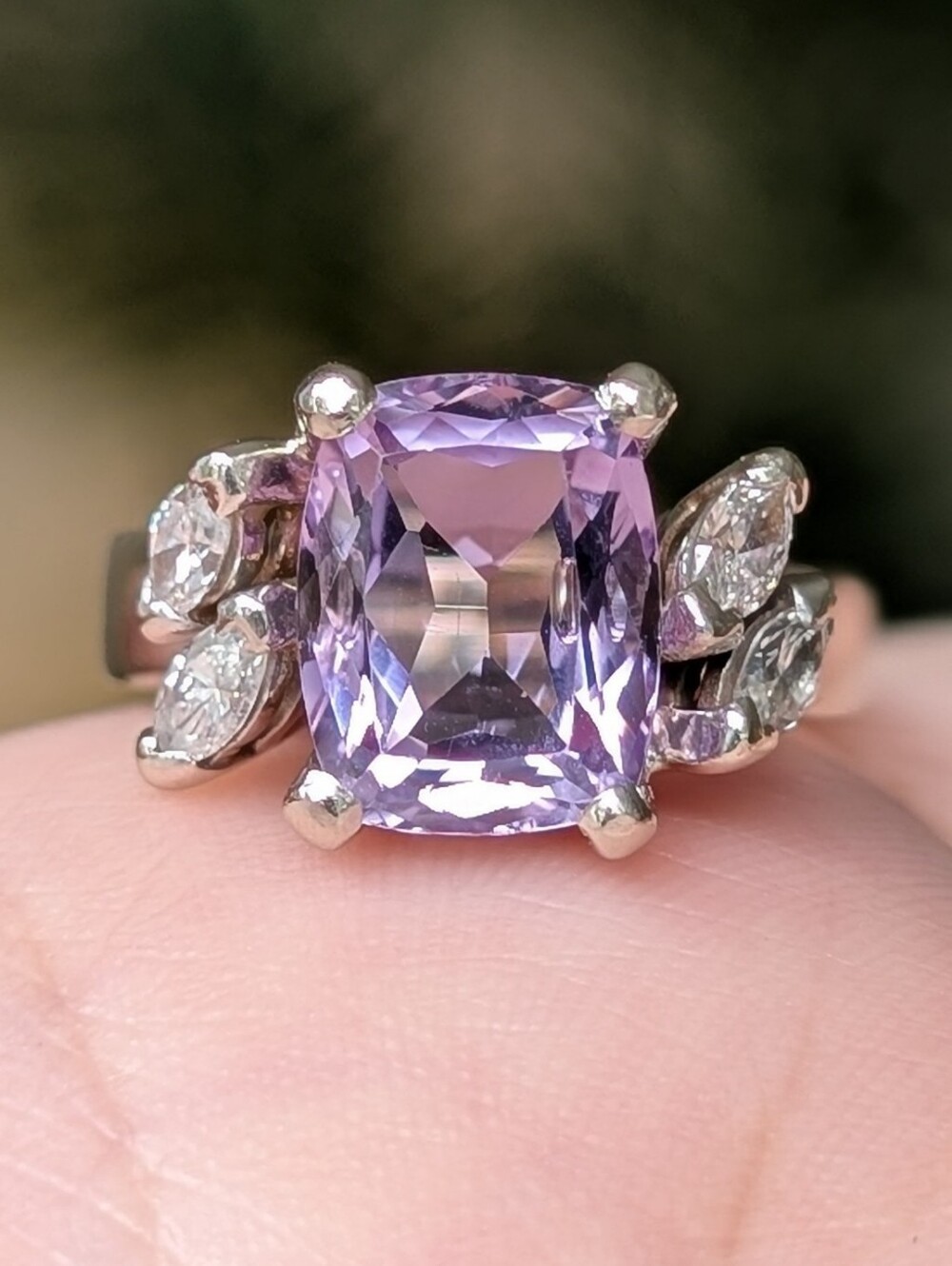 18K White Gold Cushion Cut Amethyst And 0.8 tcw Marquis Cut Diamond Ring